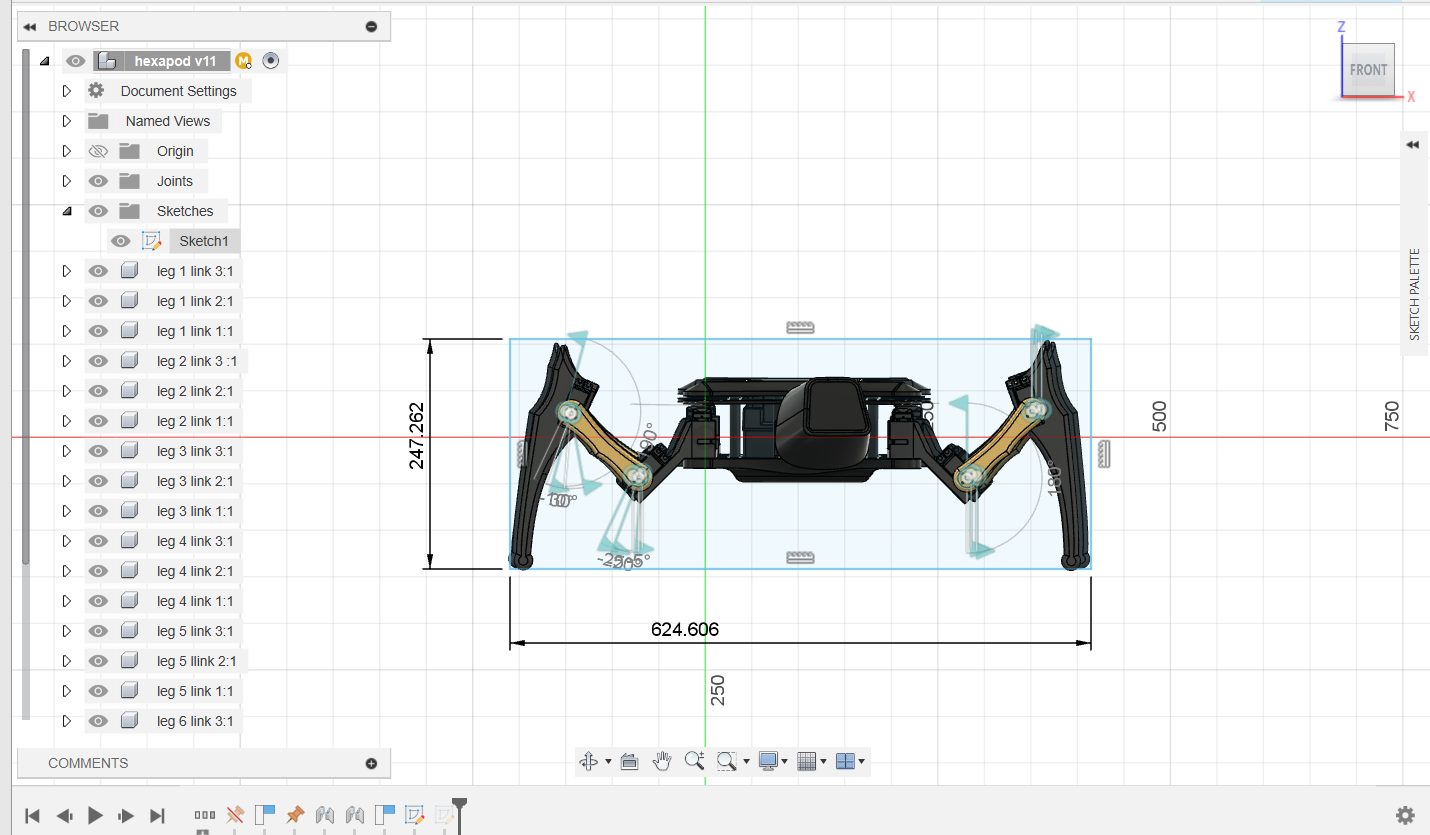 Fusion 360 CAD of the hexapod: front elevation with dimensions 624.6 by 247.3 millimetres, leg link tree in the browser panel